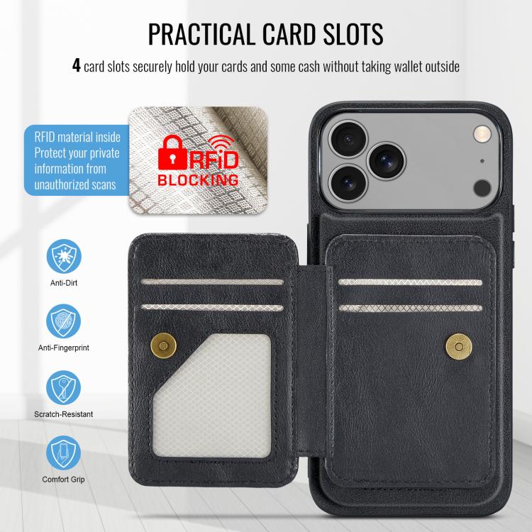 For iPhone 17 Pro Max Fierre Shann Oil Wax Cow Leather Card Holder Back Phone Case(Black) - iPhone 17 Pro Max Cases by FIERRE SHANN | Online Shopping UK | buy2fix