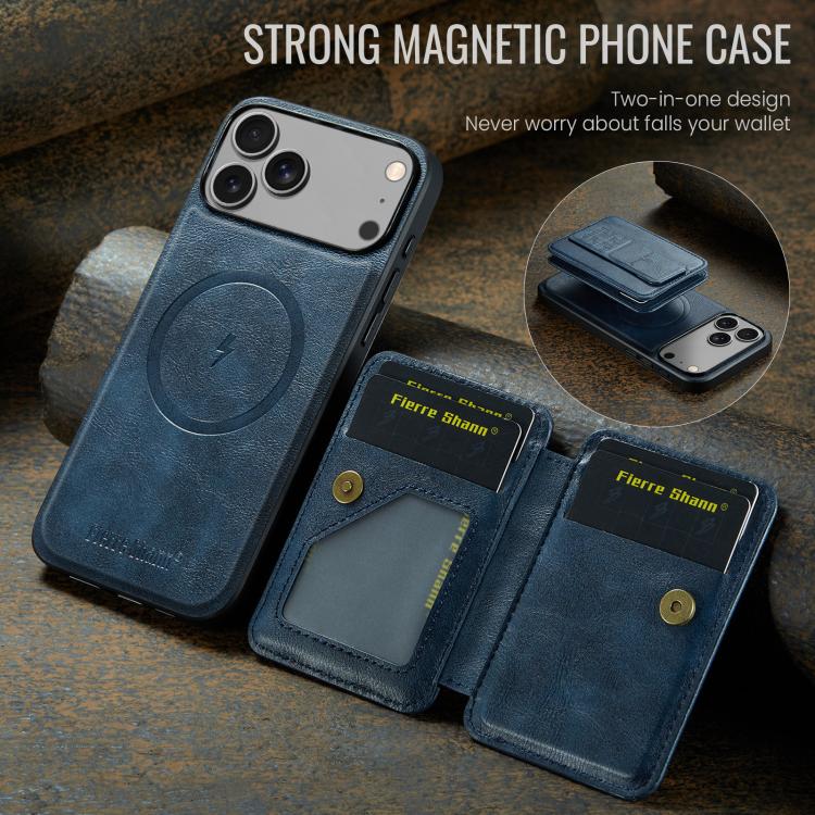 For iPhone 17 Pro Max Fierre Shann Oil Wax Cow Leather Card Holder Back Phone Case(Blue) - iPhone 17 Pro Max Cases by FIERRE SHANN | Online Shopping UK | buy2fix