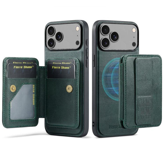 For iPhone 17 Pro Fierre Shann Oil Wax Cow Leather Card Holder Back Phone Case(Green) - iPhone 17 Pro Cases by FIERRE SHANN | Online Shopping UK | buy2fix