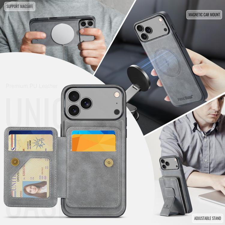 For iPhone 17 Pro Fierre Shann Oil Wax Cow Leather Card Holder Back Phone Case(Grey) - iPhone 17 Pro Cases by FIERRE SHANN | Online Shopping UK | buy2fix