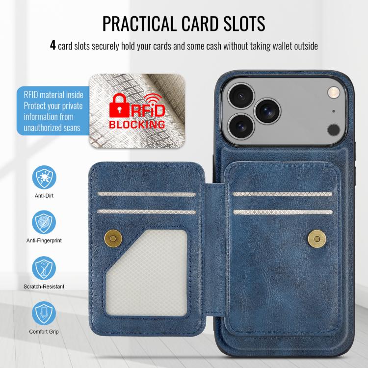 For iPhone 17 Pro Fierre Shann Oil Wax Cow Leather Card Holder Back Phone Case(Blue) - iPhone 17 Pro Cases by FIERRE SHANN | Online Shopping UK | buy2fix