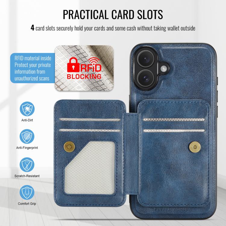 For iPhone 17 Fierre Shann Oil Wax Cow Leather Card Holder Back Phone Case(Blue) - iPhone 17 Cases by FIERRE SHANN | Online Shopping UK | buy2fix