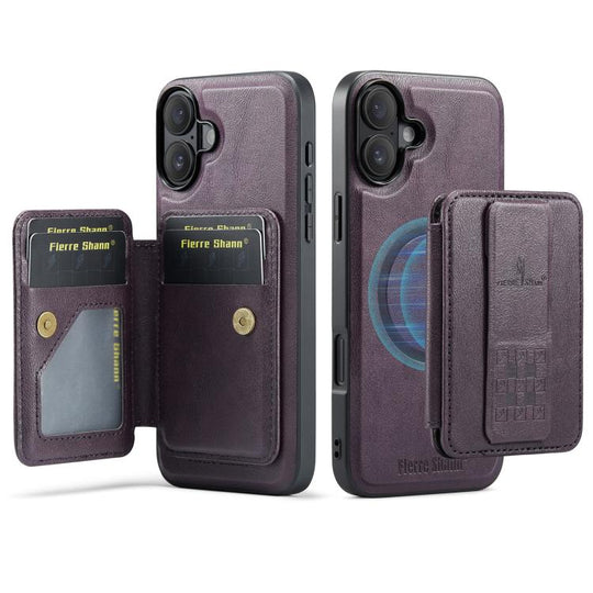 For iPhone 17 Fierre Shann Oil Wax Cow Leather Card Holder Back Phone Case(Purple)