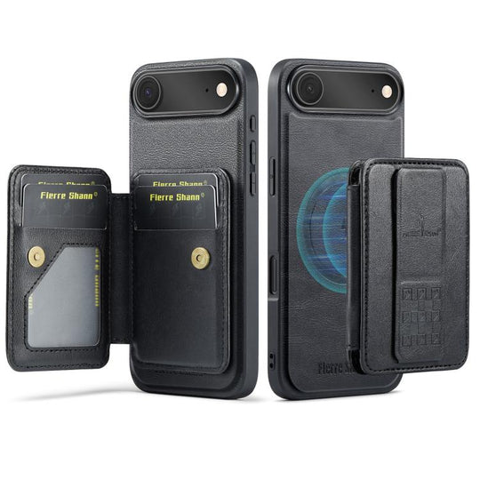 For iPhone Air Fierre Shann Oil Wax Cow Leather Card Holder Back Phone Case(Black)