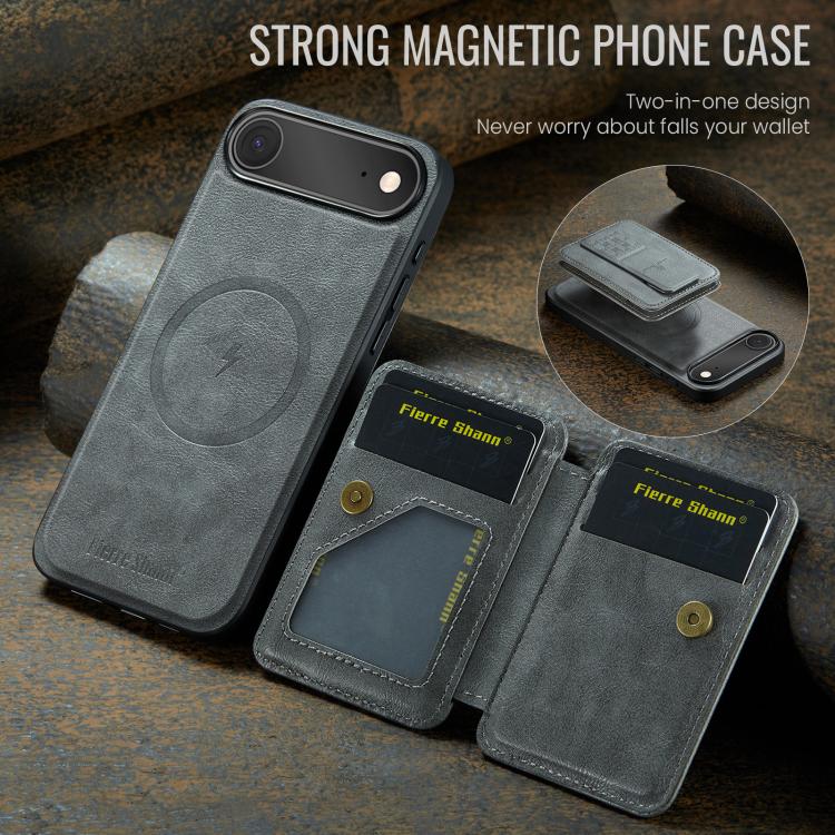 For iPhone 17 Air Fierre Shann Oil Wax Cow Leather Card Holder Back Phone Case(Grey) - iPhone 17 Air Cases by FIERRE SHANN | Online Shopping UK | buy2fix