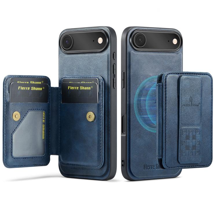 For iPhone 17 Air Fierre Shann Oil Wax Cow Leather Card Holder Back Phone Case(Blue) - iPhone 17 Air Cases by FIERRE SHANN | Online Shopping UK | buy2fix