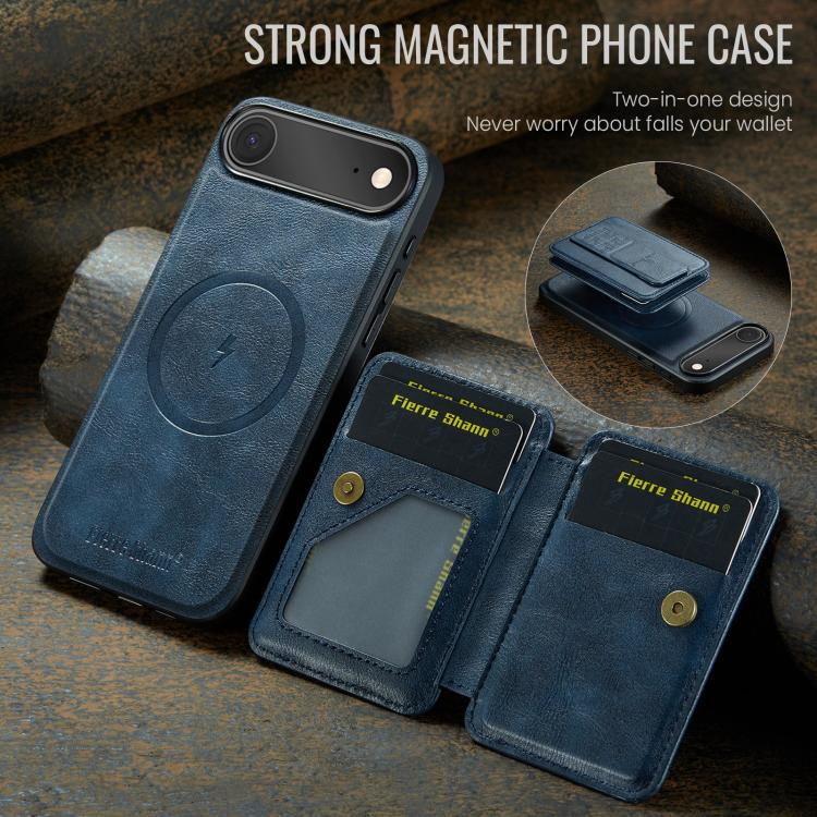 For iPhone 17 Air Fierre Shann Oil Wax Cow Leather Card Holder Back Phone Case(Blue) - iPhone 17 Air Cases by FIERRE SHANN | Online Shopping UK | buy2fix