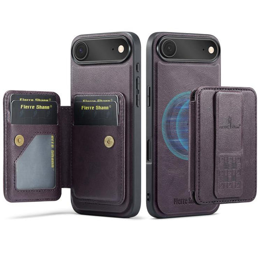 For iPhone Air Fierre Shann Oil Wax Cow Leather Card Holder Back Phone Case(Purple)