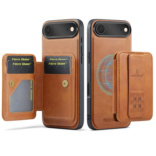 For iPhone Air Fierre Shann Oil Wax Cow Leather Card Holder Back Phone Case(Brown)