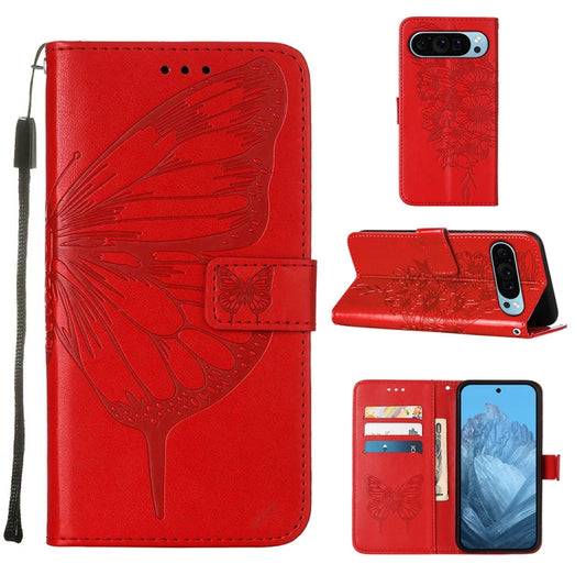 For Google Pixel 9 Embossed Butterfly Leather Phone Case(Red) by buy2fix
