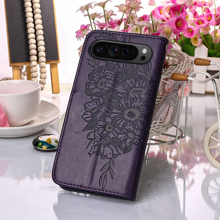 For Google Pixel 9 Pro Embossed Butterfly Leather Phone Case(Dark Purple) - Google Cases by buy2fix | Online Shopping UK | buy2fix