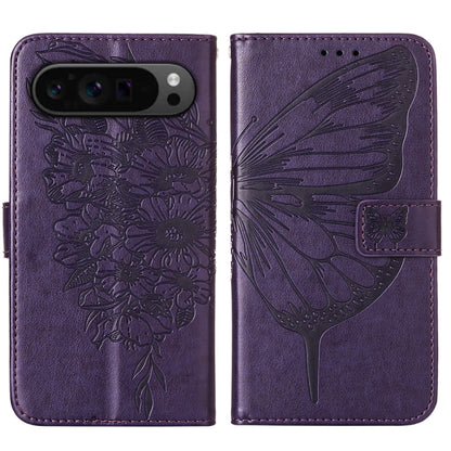 For Google Pixel 9 Pro Embossed Butterfly Leather Phone Case(Dark Purple) - Google Cases by buy2fix | Online Shopping UK | buy2fix