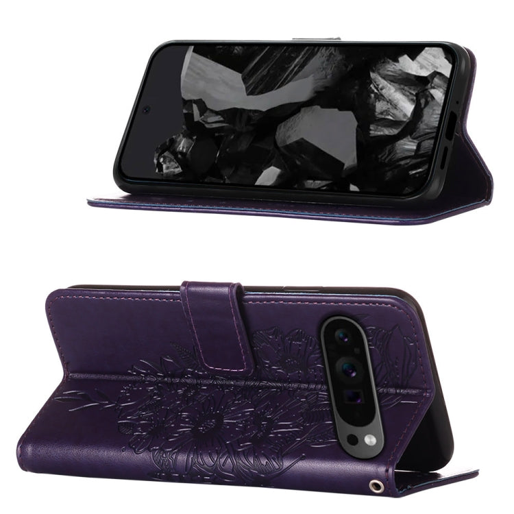 For Google Pixel 9 Pro Embossed Butterfly Leather Phone Case(Dark Purple) - Google Cases by buy2fix | Online Shopping UK | buy2fix