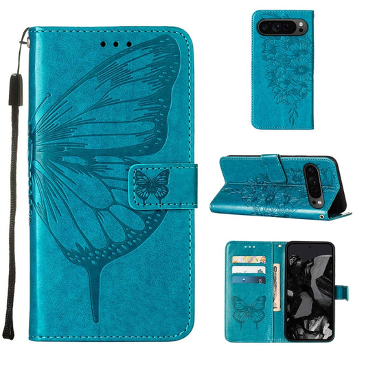 For Google Pixel 9 Pro Embossed Butterfly Leather Phone Case(Blue) - Google Cases by buy2fix | Online Shopping UK | buy2fix