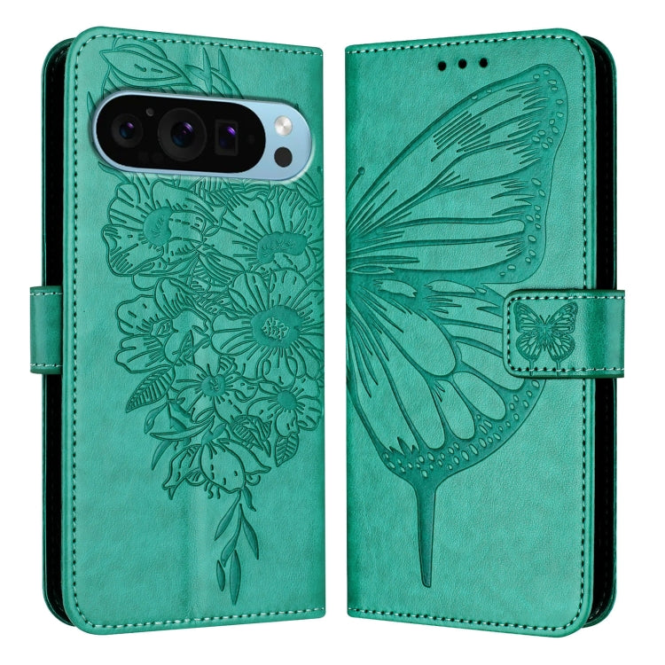 For Google Pixel 9 Pro XL Embossed Butterfly Leather Phone Case(Green) - Google Cases by buy2fix | Online Shopping UK | buy2fix