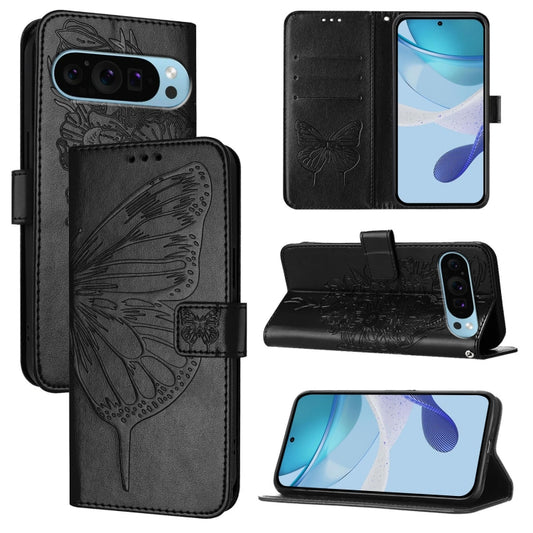 For Google Pixel 9 Pro XL Embossed Butterfly Leather Phone Case(Black) by buy2fix