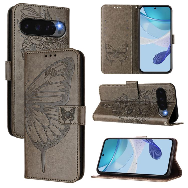 For Google Pixel 10 / 10 Pro+ Embossed Butterfly Leather Phone Case(Grey) - Google Cases by buy2fix | Online Shopping UK | buy2fix