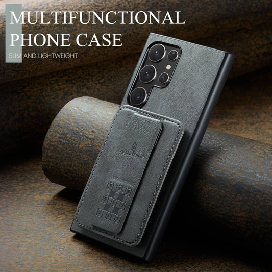 For Samsung Galaxy S24 Ultra 5G Fierre Shann Oil Wax Cow Leather Card Holder Back Phone Case(Grey) by FIERRE SHANN