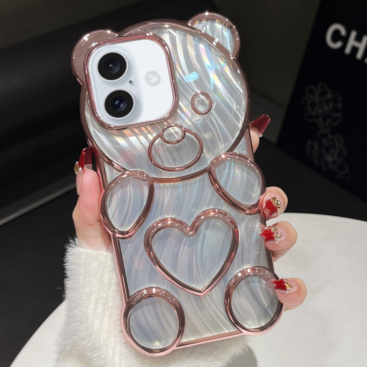 For iPhone 16 Bear Shaped Embossed Electroplated Laser TPU Phone Case(Pink) - iPhone 16 Cases by buy2fix | Online Shopping UK | buy2fix