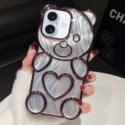 For iPhone 16 Bear Shaped Embossed Electroplated Laser TPU Phone Case(Purple) - iPhone 16 Cases by buy2fix | Online Shopping UK | buy2fix