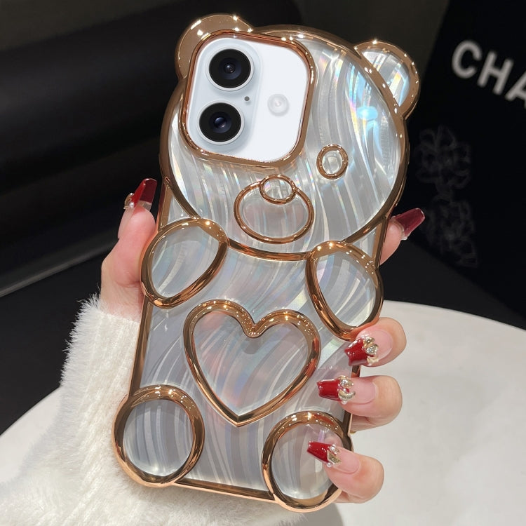 For iPhone 16 Bear Shaped Embossed Electroplated Laser TPU Phone Case(Gold) - iPhone 16 Cases by buy2fix | Online Shopping UK | buy2fix