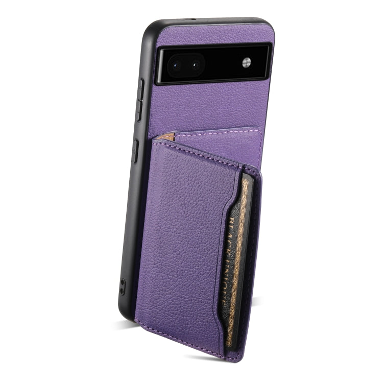 For Google Pixel 6a Calf Texture Card Bag Design Full Coverage Phone Case(Purple) by buy2fix