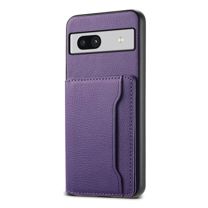 For Google Pixel 7a Calf Texture Card Bag Design Full Coverage Phone Case(Purple) by buy2fix