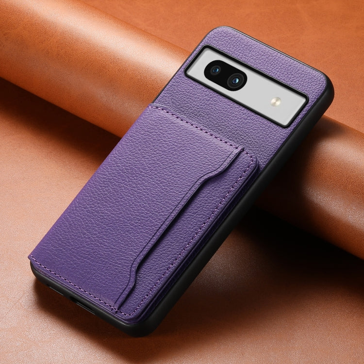 For Google Pixel 7a Calf Texture Card Bag Design Full Coverage Phone Case(Purple) by buy2fix