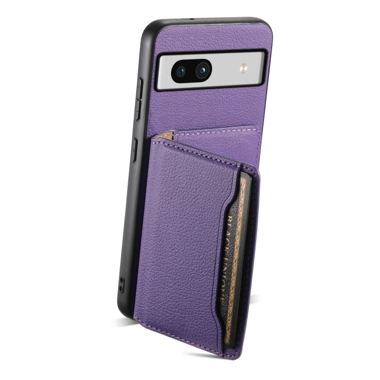 For Google Pixel 7a Calf Texture Card Bag Design Full Coverage Phone Case(Purple) by buy2fix