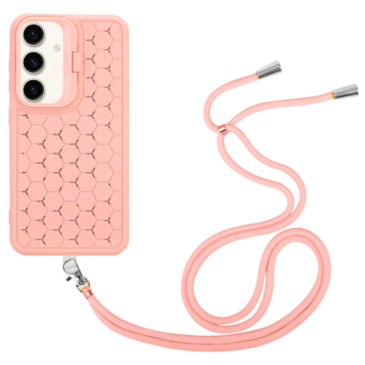 For Samsung Galaxy S24+ 5G Honeycomb Radiating Lens Holder Magsafe Phone Case with Lanyard(Pink) by buy2fix