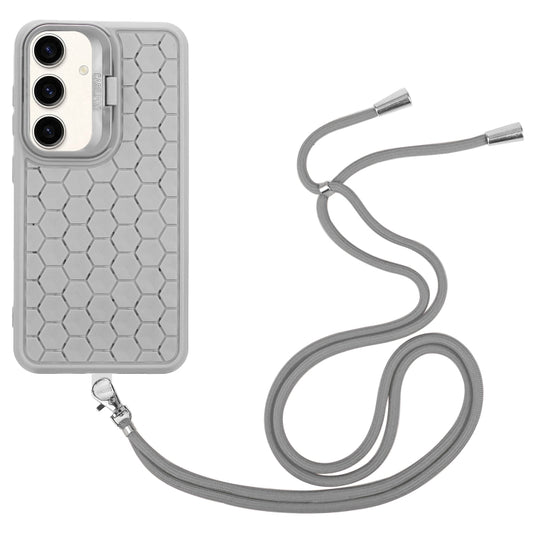 For Samsung Galaxy S24 5G Honeycomb Radiating Lens Holder Magsafe Phone Case with Lanyard(Grey) by buy2fix