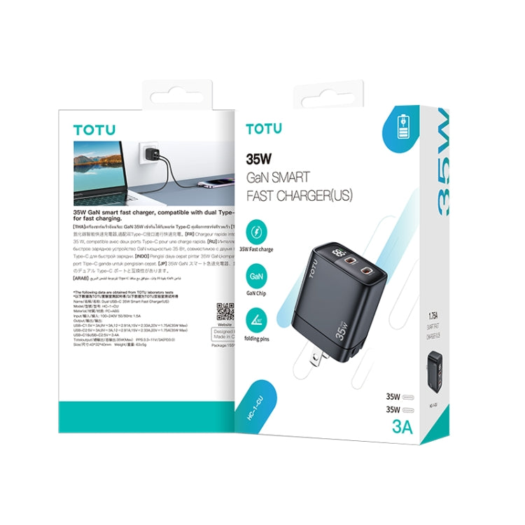 TOTU 35W GaN Dual USB-C/Type-C Smart Digital Display Charger, Plug:US Plug(Black) - USB Charger by TOTUDESIGN | Online Shopping UK | buy2fix