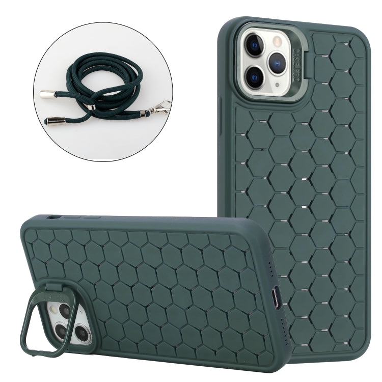 For iPhone 15 Pro Honeycomb Radiating Lens Holder Magsafe Phone Case with Lanyard(Green) - iPhone 15 Pro Cases by buy2fix | Online Shopping UK | buy2fix