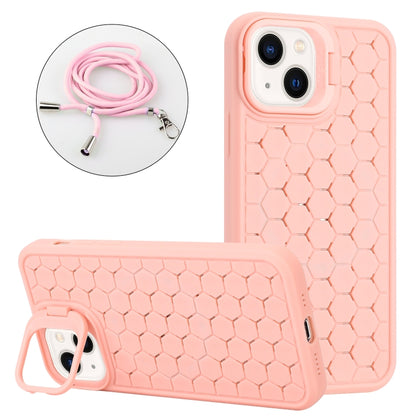 For iPhone 15 Plus Honeycomb Radiating Lens Holder Magsafe Phone Case with Lanyard(Pink) - iPhone 15 Plus Cases by buy2fix | Online Shopping UK | buy2fix