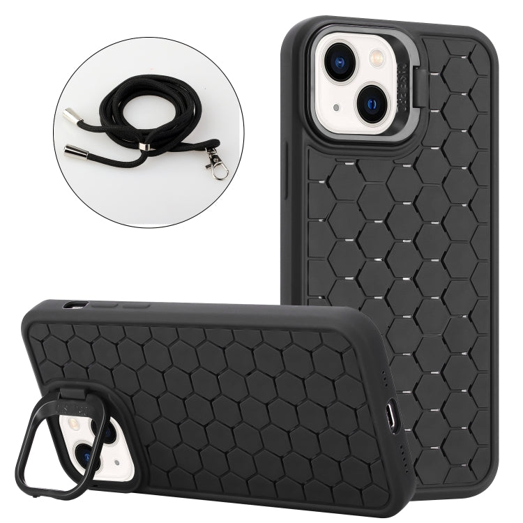 For iPhone 15 Honeycomb Radiating Lens Holder Magsafe Phone Case with Lanyard(Black) - iPhone 15 Cases by buy2fix | Online Shopping UK | buy2fix