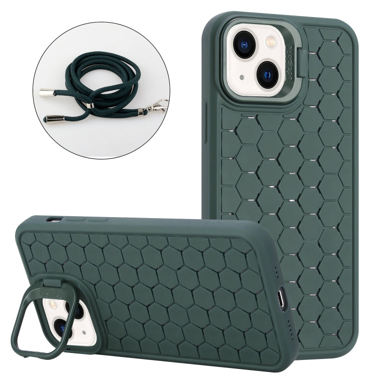 For iPhone 15 Honeycomb Radiating Lens Holder Magsafe Phone Case with Lanyard(Green) - iPhone 15 Cases by buy2fix | Online Shopping UK | buy2fix