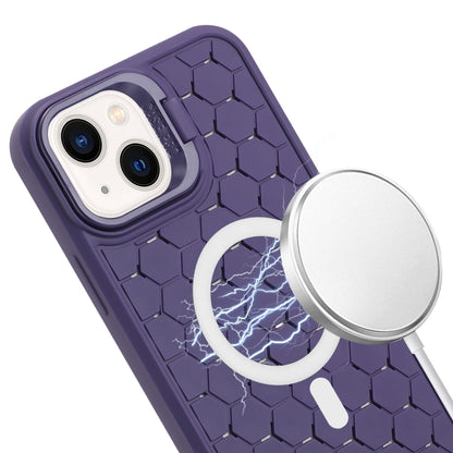 For iPhone 15 Honeycomb Radiating Lens Holder Magsafe Phone Case with Lanyard(Purple) - iPhone 15 Cases by buy2fix | Online Shopping UK | buy2fix