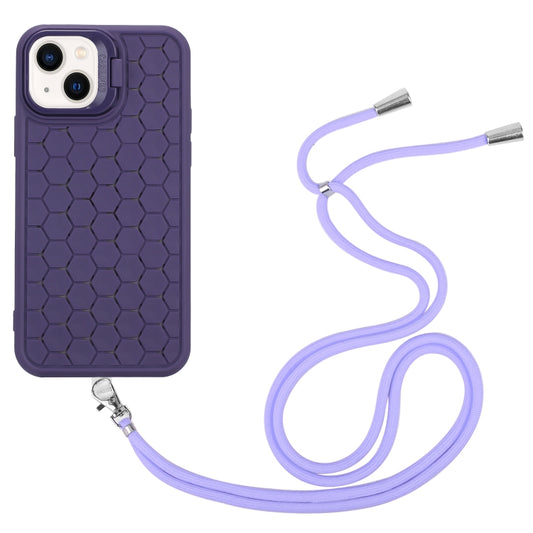 For iPhone 14 Honeycomb Radiating Lens Holder Magsafe Phone Case with Lanyard(Purple) by buy2fix