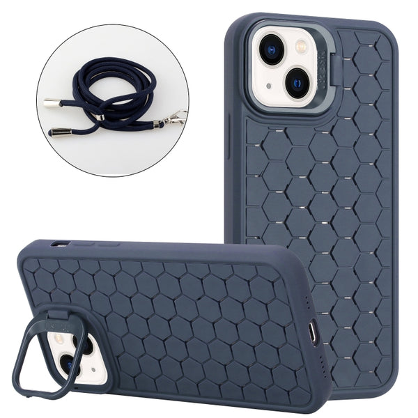 For iPhone 14 Plus Honeycomb Radiating Lens Holder Magsafe Phone Case with Lanyard(Blue) by buy2fix