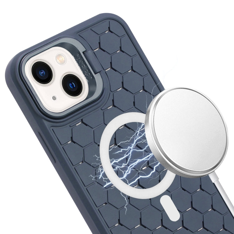 For iPhone 14 Plus Honeycomb Radiating Lens Holder Magsafe Phone Case with Lanyard(Blue) - iPhone 14 Plus Cases by buy2fix | Online Shopping UK | buy2fix