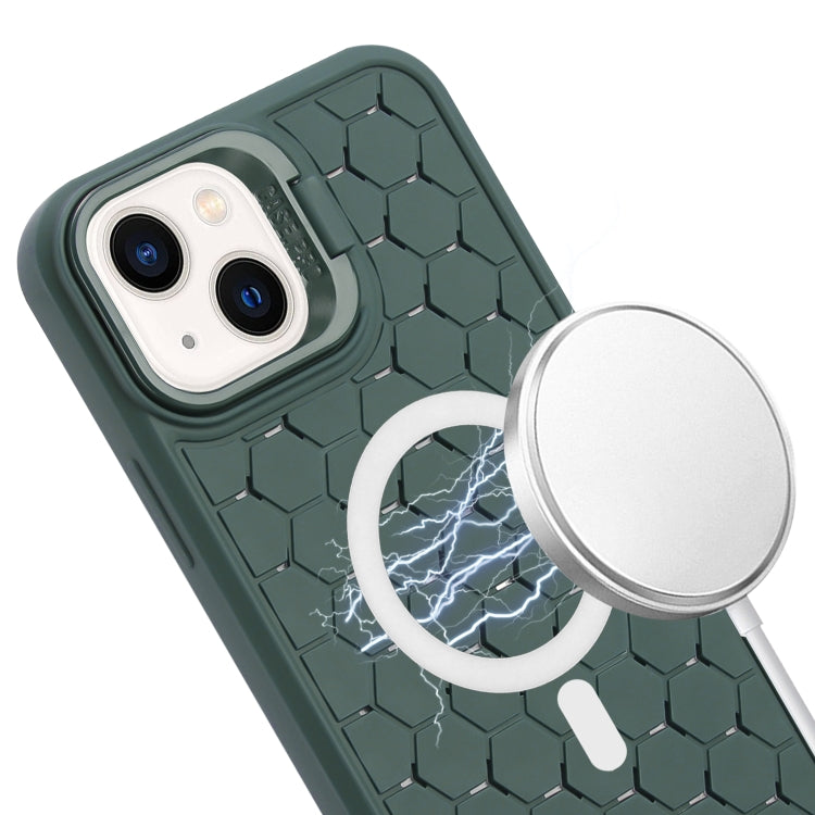 For iPhone 14 Plus Honeycomb Radiating Lens Holder Magsafe Phone Case with Lanyard(Green) - iPhone 14 Plus Cases by buy2fix | Online Shopping UK | buy2fix