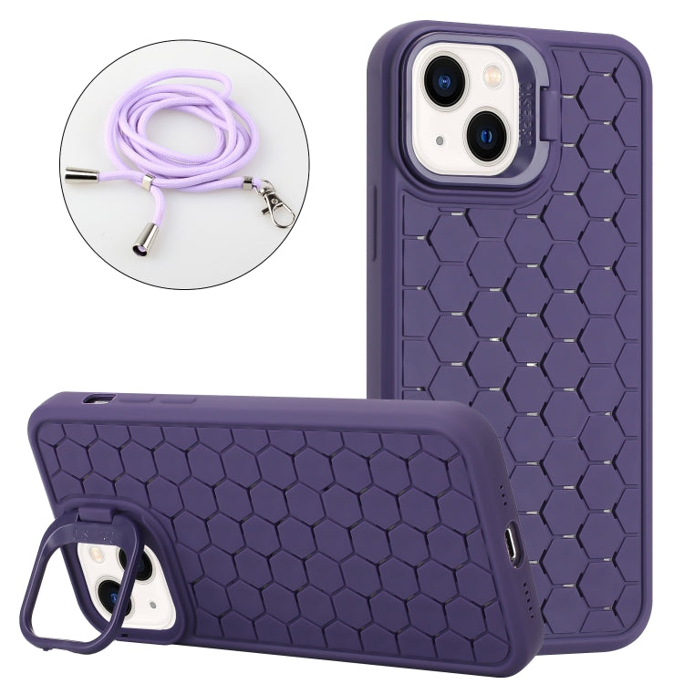 For iPhone 14 Plus Honeycomb Radiating Lens Holder Magsafe Phone Case with Lanyard(Purple) - iPhone 14 Plus Cases by buy2fix | Online Shopping UK | buy2fix