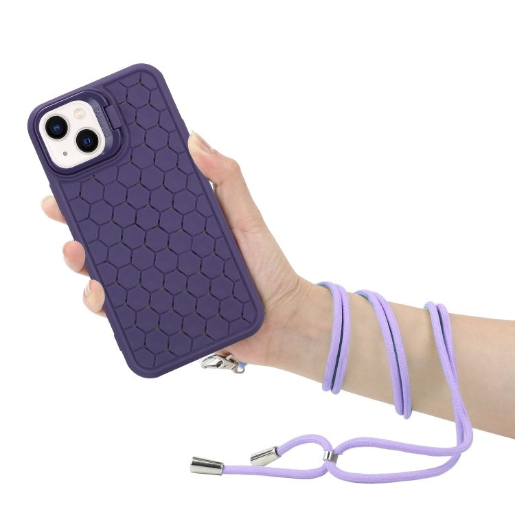 For iPhone 14 Plus Honeycomb Radiating Lens Holder Magsafe Phone Case with Lanyard(Purple) - iPhone 14 Plus Cases by buy2fix | Online Shopping UK | buy2fix