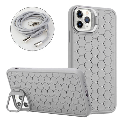 For iPhone 14 Pro Max Honeycomb Radiating Lens Holder Magsafe Phone Case with Lanyard(Grey) - iPhone 14 Pro Max Cases by buy2fix | Online Shopping UK | buy2fix