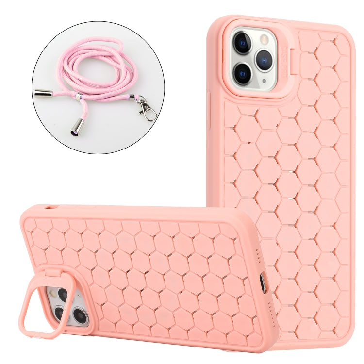 For iPhone 13 Pro Max Honeycomb Radiating Lens Holder Magsafe Phone Case with Lanyard(Pink) by buy2fix
