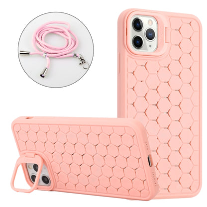 For iPhone 13 Pro Max Honeycomb Radiating Lens Holder Magsafe Phone Case with Lanyard(Pink) by buy2fix