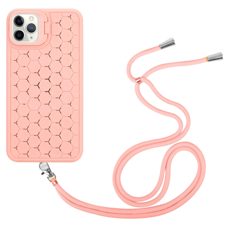 For iPhone 13 Pro Max Honeycomb Radiating Lens Holder Magsafe Phone Case with Lanyard(Pink) by buy2fix