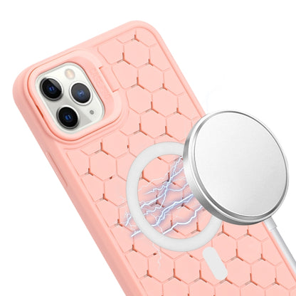 For iPhone 13 Pro Max Honeycomb Radiating Lens Holder Magsafe Phone Case with Lanyard(Pink) by buy2fix