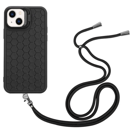 For iPhone 13 Honeycomb Radiating Lens Holder Magsafe Phone Case with Lanyard(Black) by buy2fix