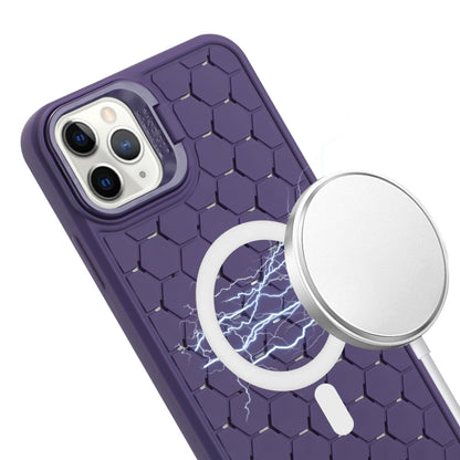 For iPhone 12 Pro Honeycomb Radiating Lens Holder Magsafe Phone Case with Lanyard(Purple) by buy2fix